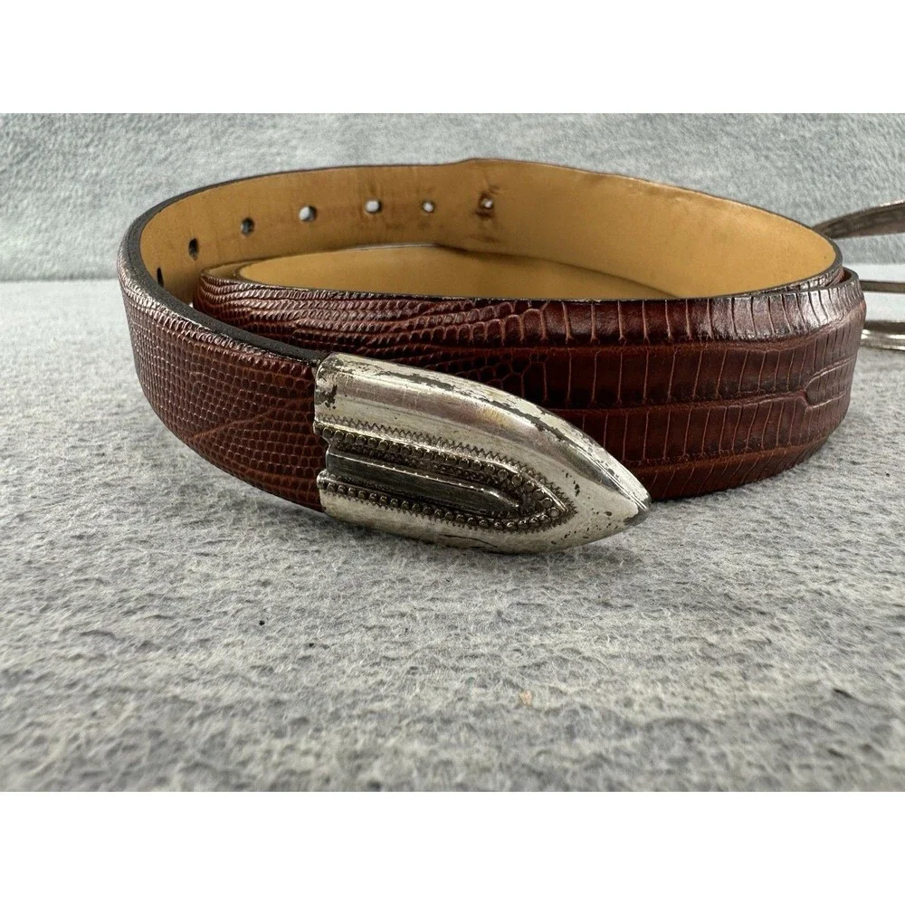JOHNSTON & MURPHY SIze 40 Lizard Grain Brown Nickel Brass Western Belt  AS